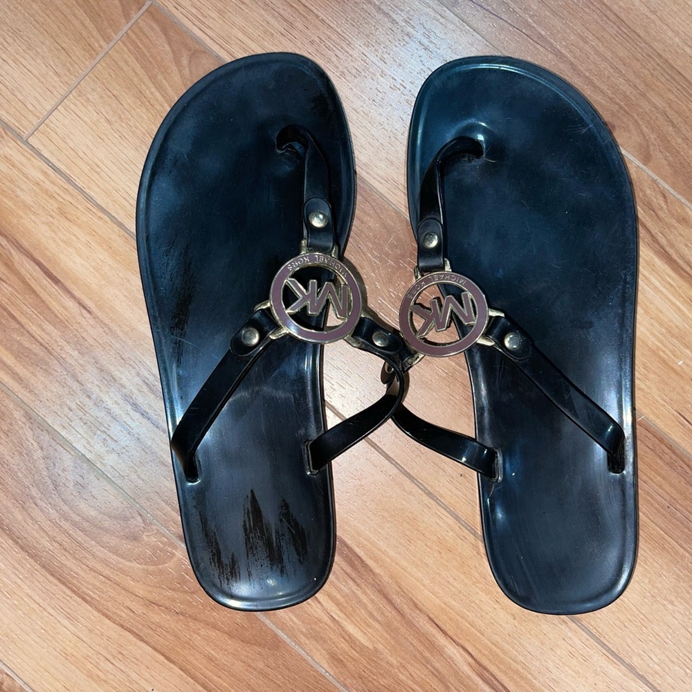 Michael Kors Black Thong Sandals with Metallic Embellishment